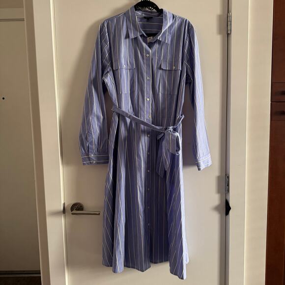 New Talbots Poplin Fit & Flare Dress Blue Striped Belted Button Pocket  Sz 16 - Picture 1 of 5